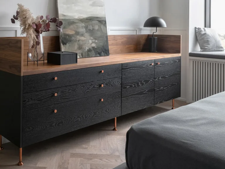 Noiwood Credenza positioned opposite the foot of a bed with a lamp, art work and other decor on it.